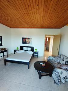 米尼亚spasmata houses的一间卧室设有一张床、一张沙发和木制天花板