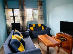 BafoussamComplexe BEL AIR的客厅配有蓝色的沙发和电视