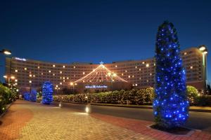 浦安东京湾希尔顿酒店的建筑前方有蓝色圣诞树的酒店