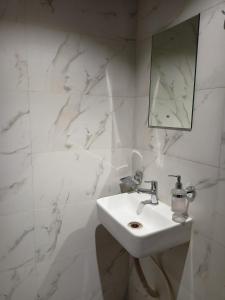 孟买Hotel Palms Residency, Chembur Mumbai的白色的浴室设有水槽和镜子