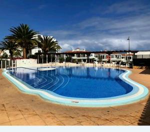 圣米格尔德阿沃纳Promenade Paradise Apartment的一座种植了棕榈树和建筑的大型蓝色游泳池