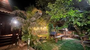 森莫诺隆Mondulkiri Pizza Bungalows的夜间带长凳和灯光的花园