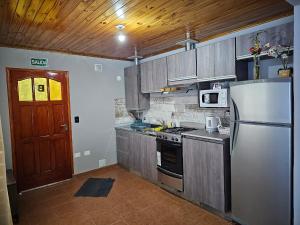 乌斯怀亚La Herradura de Ushuaia的厨房配有冰箱和炉灶。 顶部烤箱