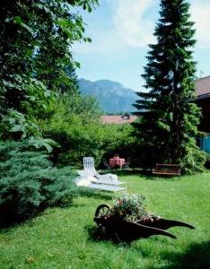 克舍尔Landhotel Herzogstand Garni的草地上带长凳和椅子的花园