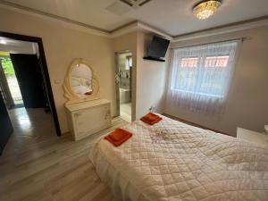 莫雄马扎尔古堡Star Street Home的一间卧室配有一张大床和镜子