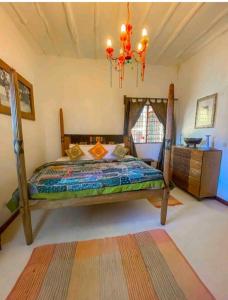 马林迪Malindivillabaobab的一间卧室配有一张带吊灯的床