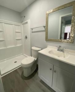 桑福德The Oasis的一间带卫生间、水槽和镜子的浴室