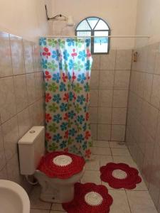 新弗里堡Recanto São Romão的一间带卫生间和淋浴帘的浴室