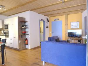 伯尼根Apartment Tilia by Interhome的一间带蓝色沙发的客厅和一间厨房