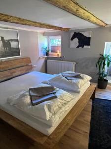乌斯拉尔Allenberghütte Schoningen的一间卧室配有一张大白色床和两个枕头