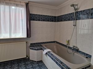 不莱梅H5不来梅酒店的设有带浴缸和淋浴的浴室。