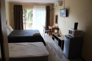 比勒陀利亚紫橄榄宾馆的一间卧室配有一张床、一台电视和一个窗口