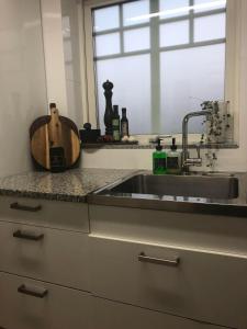 博尔斯塔Ett rum & kök的带水槽的厨房台面和窗户