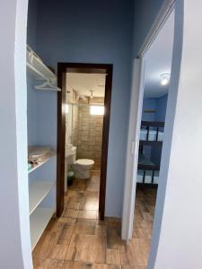 弗洛里亚诺波利斯Residencial Gralha Azul的一间带卫生间的浴室和一间带蓝色墙壁的浴室