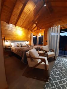 圣若阿金Pousada Recanto da Cascata - Cabana Platano的一间卧室,卧室内配有一张床和椅子