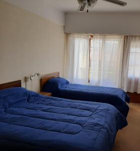 内科切阿Nueva Hostería Rio Colorado Necochea的一间卧室设有两张蓝色的床和窗户