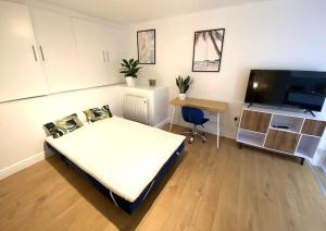 红山Redhill Town Centre Garden Flat的客房设有床、书桌和电视。