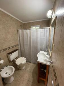 拉巴斯don isidro cabaña alta的浴室配有卫生间、盥洗盆和淋浴。