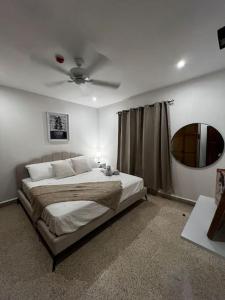 下博克特Apartamento en el Corazón de Boquete的一间卧室配有一张带吊扇的床