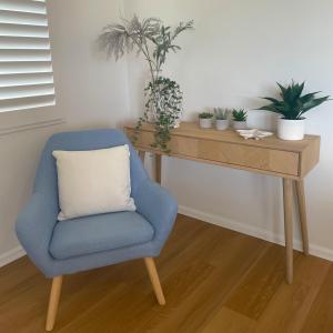 卡巴雷塔海滩Cabarita Beachfront Apartments by Kingscliff Accommodation的一张蓝色椅子,坐在桌子旁,上面有植物