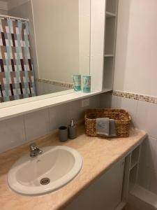 托梅Departamento Frente al Mar, Playa Bellavista, Tome的浴室的柜台设有水槽和镜子