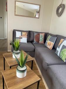 Jaywick SandsHughes Holiday Home in St Osyths的客厅配有沙发和2张植物桌子