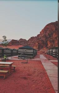 瓦迪拉姆Wadi rum Rozana camp的沙漠中的一组长椅和野餐桌