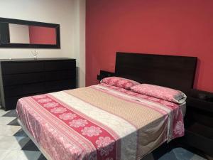CantoriaPiso en la plaza del pueblo的一间卧室设有一张床和红色的墙壁