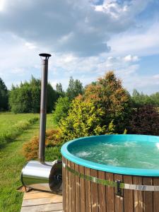 SīveciPirts Baudas的花园内的热水浴池,花园内设有喷泉