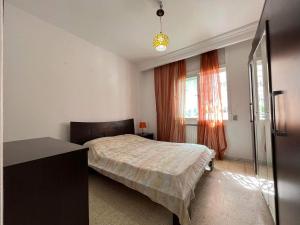 拉马萨Palmeraies vacances Tunis的一间卧室配有一张床、一张书桌和一个窗户。