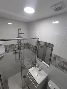 瓦伦西亚Apartamento delux2的带淋浴、盥洗盆和卫生间的浴室
