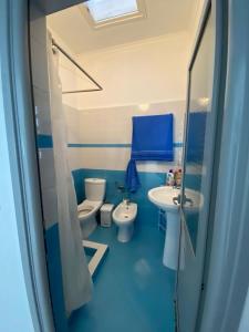 Rooms for rent Gezim Ismailaj的蓝色的浴室设有2个卫生间和水槽