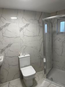 曼彻斯特OYO Cheetham Hill Guest House的一间带卫生间和淋浴的浴室