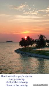 波德申Seafront Corus Resort Port Dickson的棕榈树海滩和日落背景