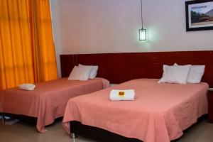 瓦努科La Estancia Hotel的两张位于酒店客房的床,配有毛巾