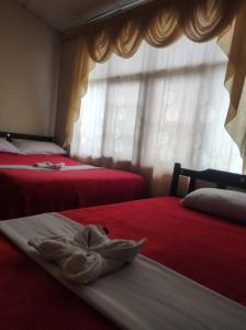 波帕扬Hotel Casa Real 2的一间卧室设有两张带红色床单的床和窗户。