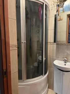 纳尔瓦约埃苏Vabaduse Guesthouse的一个带水槽的玻璃淋浴间