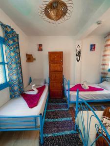 塔哈佐特Sunrise Hostel Taghazout的一间卧室配有两张床和吊灯。