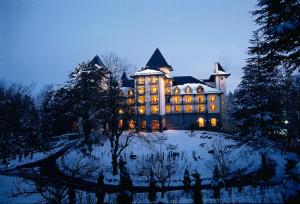 西姆拉Wildflower Hall, An Oberoi Resort, Shimla的一座大建筑,有灯光在雪中