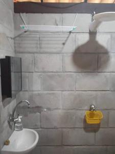马塔迪圣若昂Chalé com privacidade em Imbassai的一间带水槽和白色砖墙的浴室