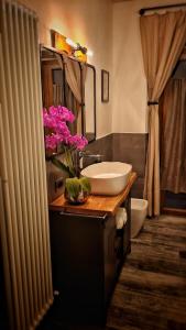 阿巴迪亚圣萨尔瓦托雷Casa22的浴室设有水槽,在柜台上摆放着粉红色的鲜花