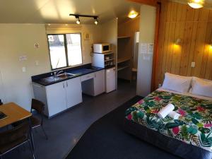 瓦纳卡Hampshire Holiday Parks - Wanaka的一间卧室配有一张床,厨房配有水槽