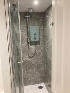 布莱顿霍夫Brighton Palms的带淋浴的浴室和玻璃门