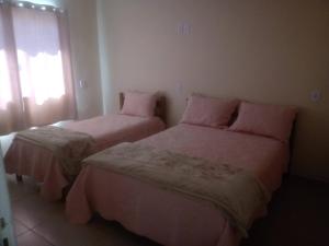 圣托梅-达斯莱特拉斯Casa Beija Flor的一间卧室设有两张带粉色床单的床和窗户。