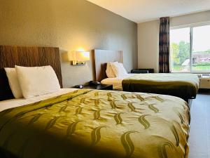 印第安纳波利斯BlissPoint Inn Northwest Indianapolis的酒店客房设有两张床和窗户。