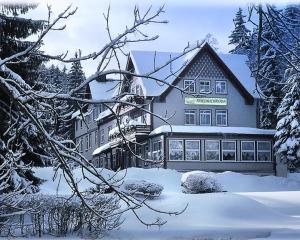 腓特烈罗达Waldhotel Friedrichroda的雪中一座大建筑,有雪覆盖的树木