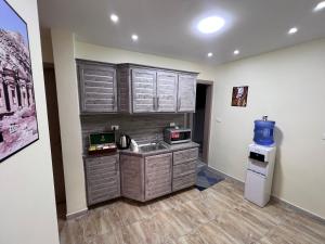 瓦迪穆萨Z3 Hostel的一间带木制橱柜和冰箱的小厨房