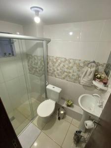 蒙蒂斯克拉鲁斯Apartamento encantador 3的带淋浴、卫生间和盥洗盆的浴室