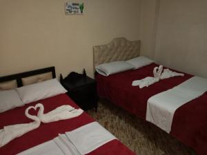 波帕扬Hotel Casa Real 2的一间设有两张床的客房,配有用毛巾制成的天鹅