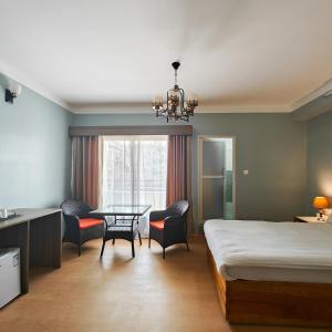 加德满都Boudha Apart Hotel的卧室配有一张床和一张桌子及椅子